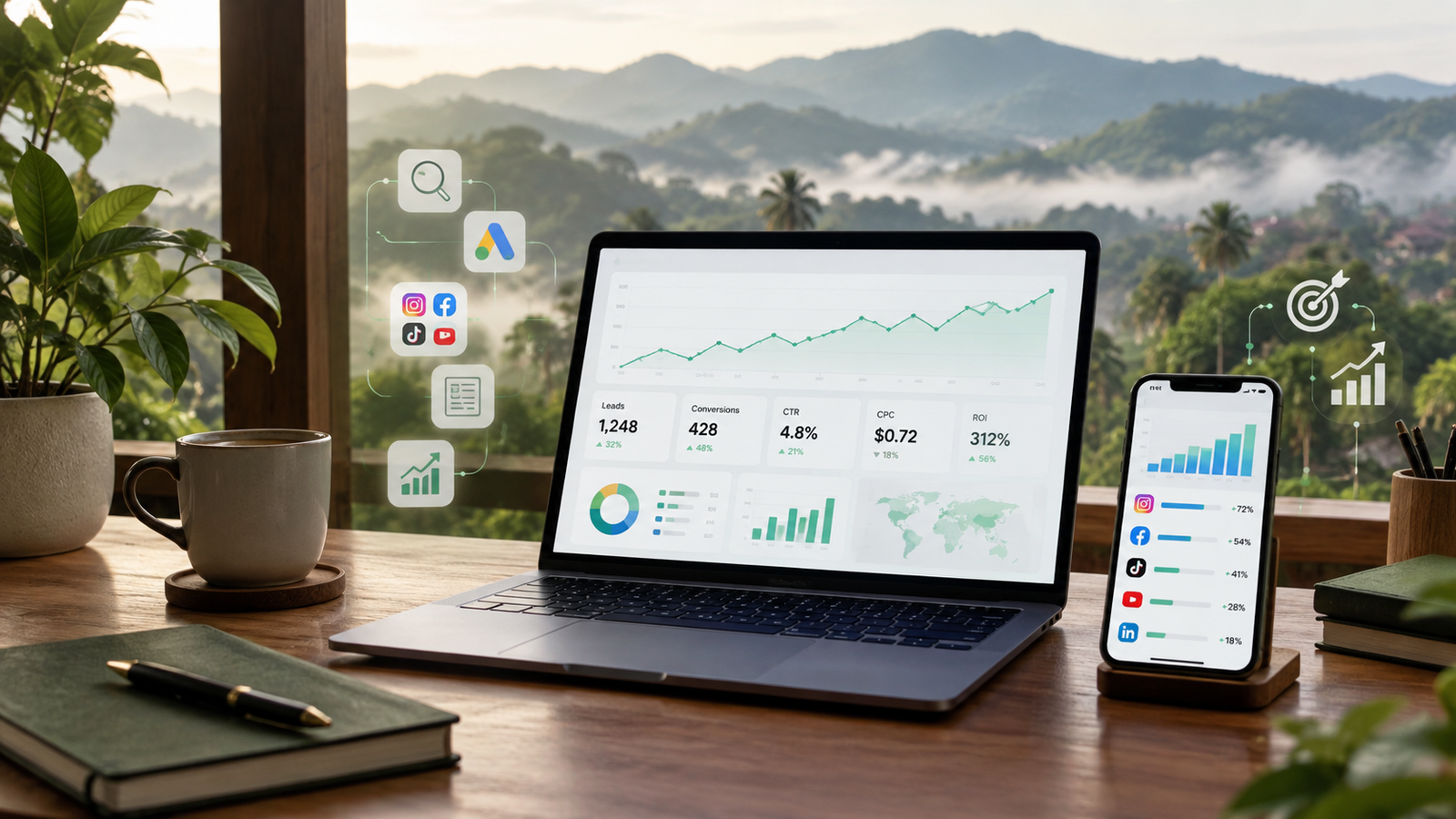 Data-driven performance marketing workspace with campaign metrics and Wayanad scenery