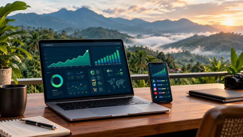 Data-driven performance marketing strategy workspace overlooking Wayanad hills