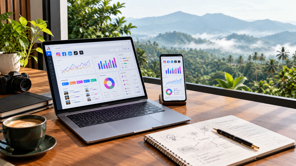 Performance marketing analytics dashboard with Wayanad hills in background